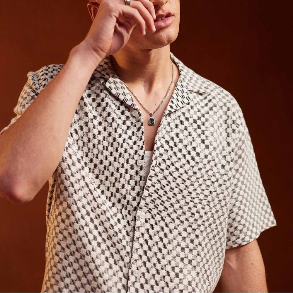 MENS ASOS DESIGN Black White Checker Print Button Down Short Sleeve Shirt Top S - Picture 5 of 13